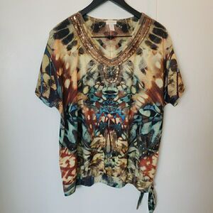 Chico's Sequin Short Sleeve Side Tie Blouse Brown Geo Women's 3 (XL)